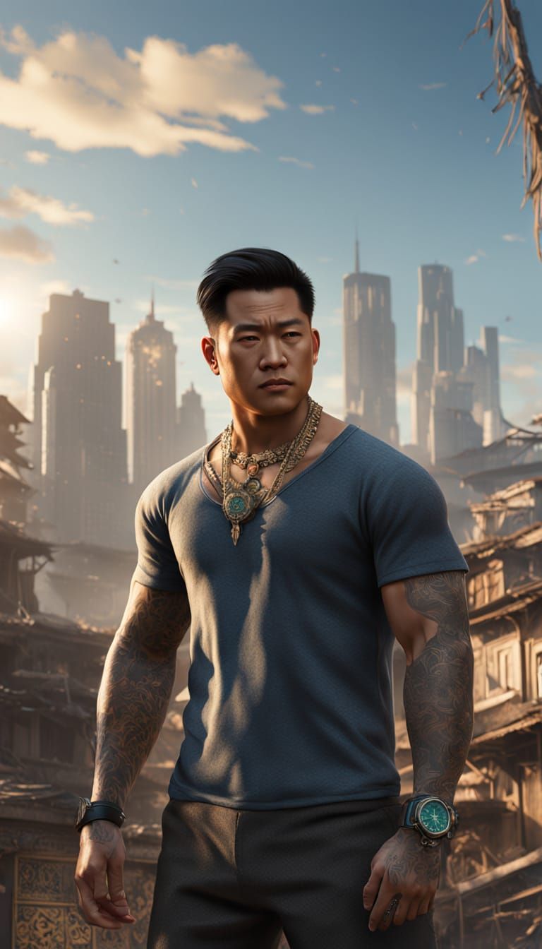 Muscular Asian Man in Golden Hour Light