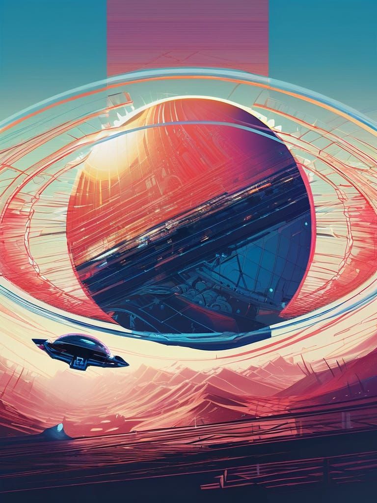 Glowing Blue Eye in Retro-Futuristic Oceanic Landscape