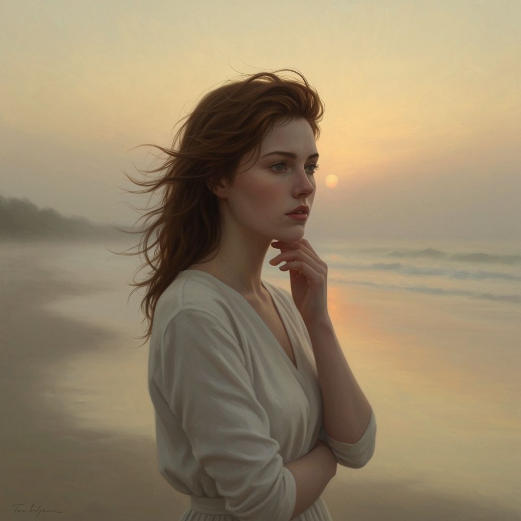Pretty Woman on Misty Beach in Australian Tonalism Style