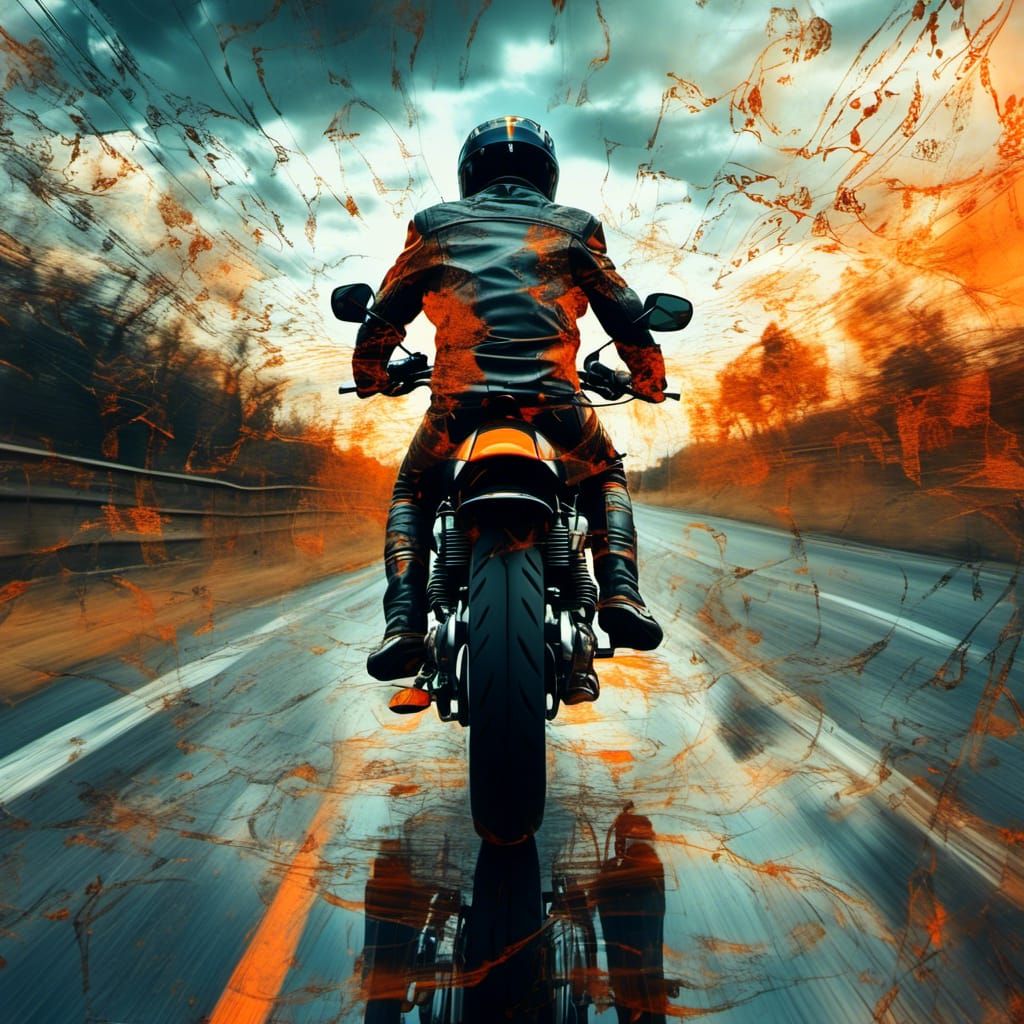 Motorcycle Ride in Double Exposure Style