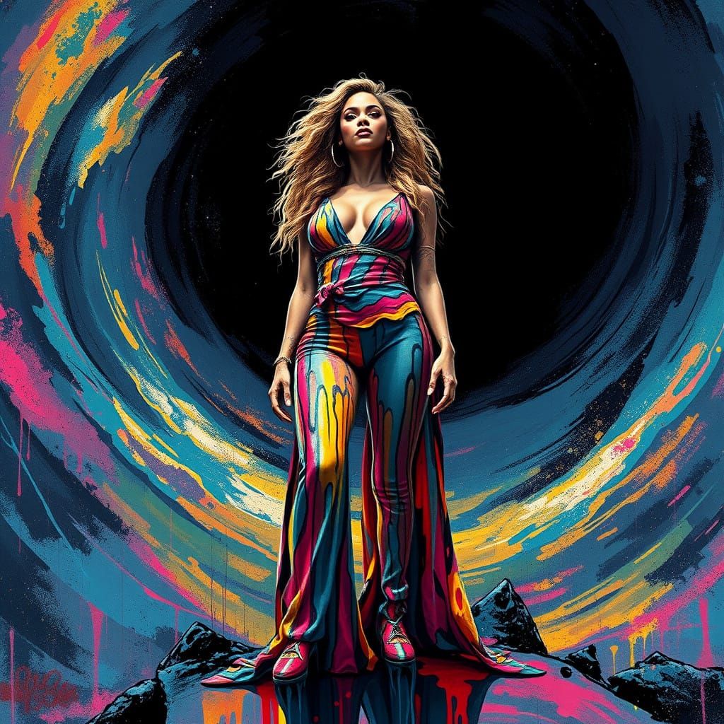 Beyonce at the Cosmic Edge, in Vibrant Street Art Style
