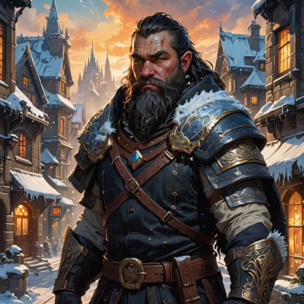 Vibrant Dwarf Amidst Winter Cityscape in Hyperrealistic Conc...
