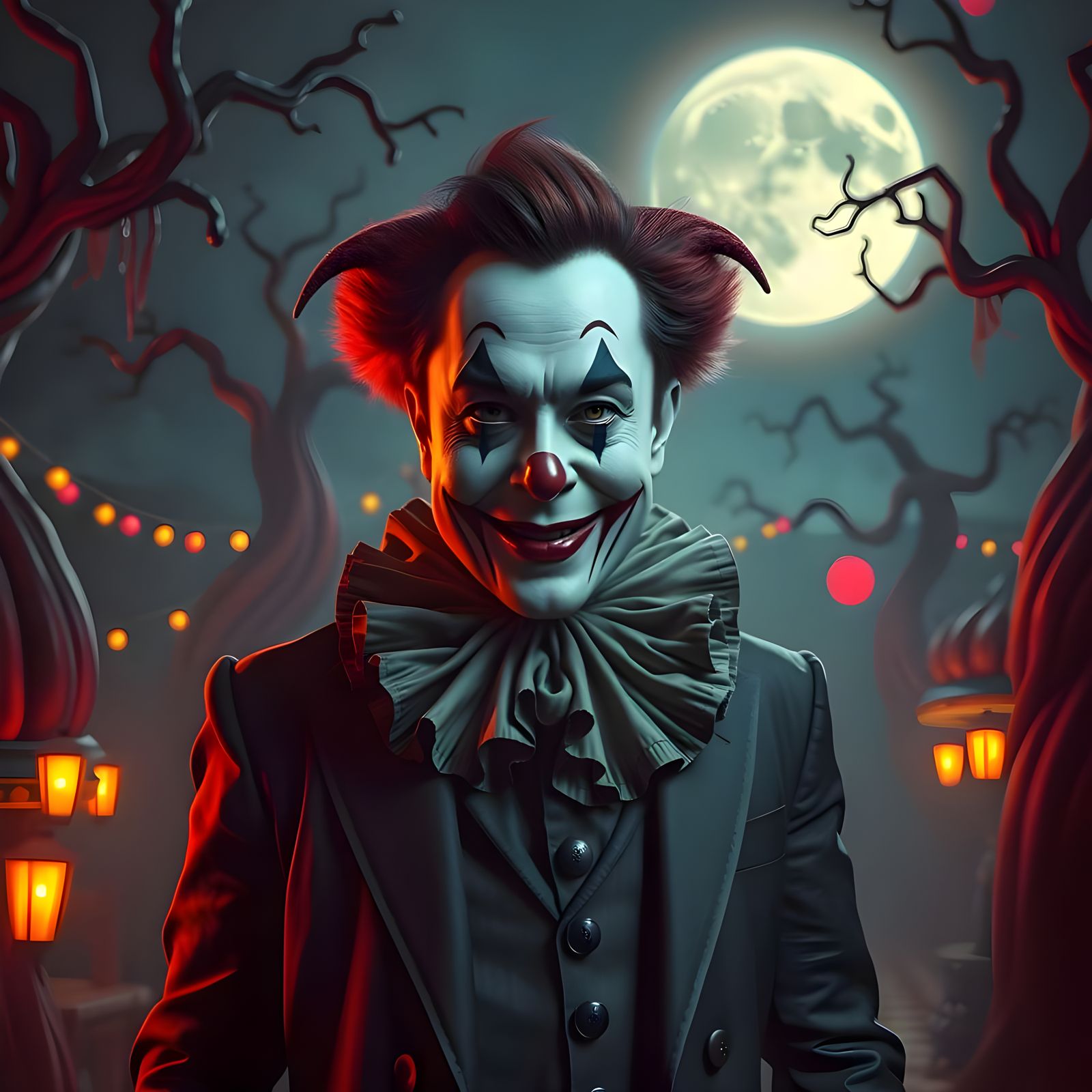 Surreal Clown in Dark Carnival Landscape