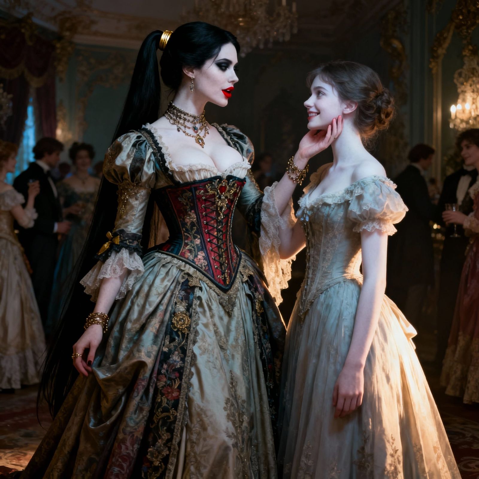 Victorian Vampire's Alluring Gaze on Captivated Woman