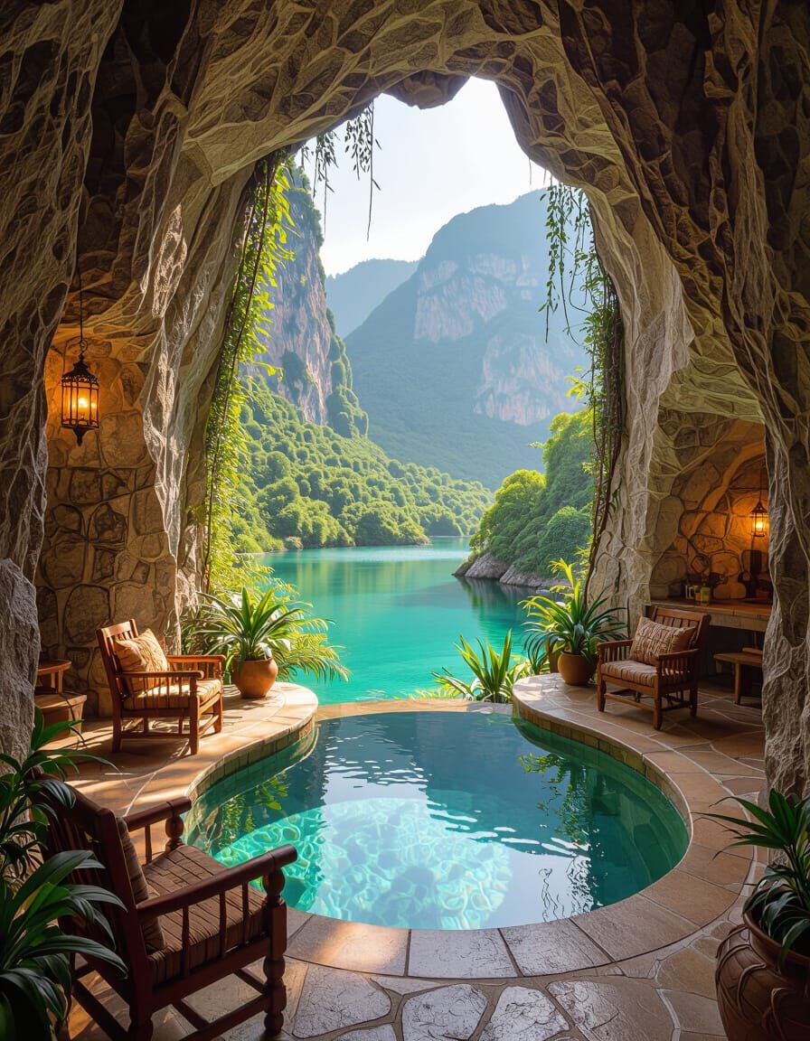 Serene Cave Grotto with Turquoise Pool and Mountain View
