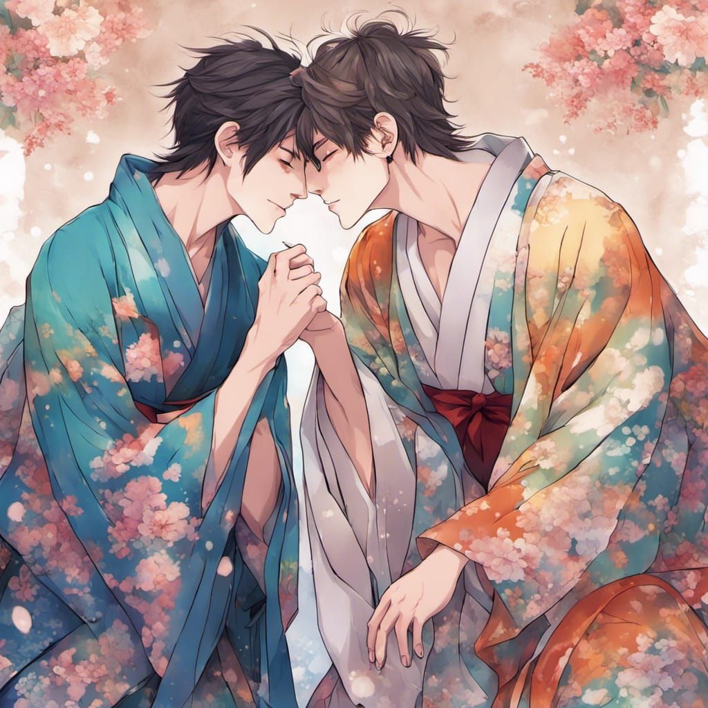Anime Gay Couple Kissing in Flowing Kimonos