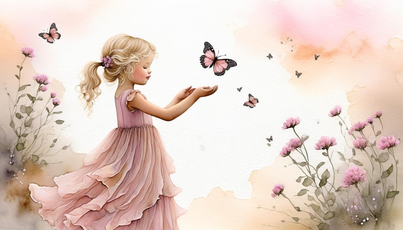 Whimsical Girl Reaching for Butterfly in Misty Garden