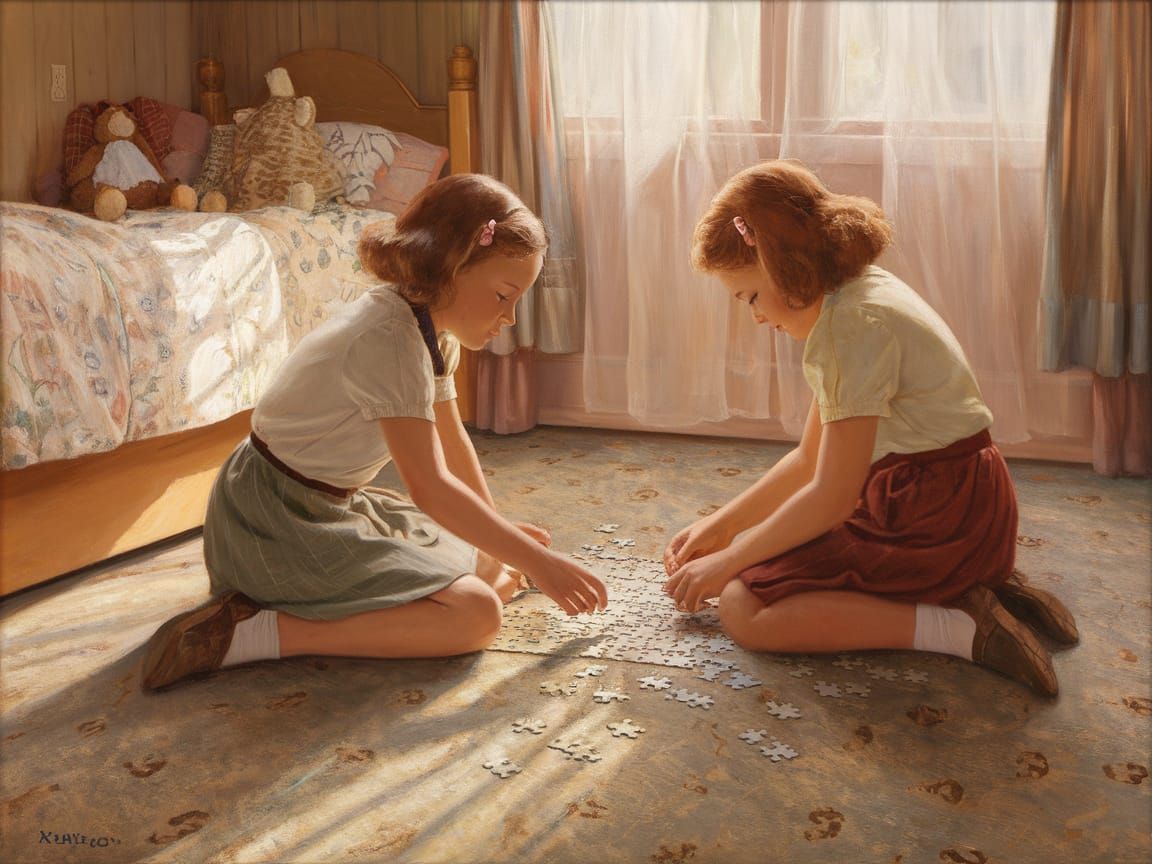 Girls Assemble Puzzle in Cozy 1950s Bedroom
