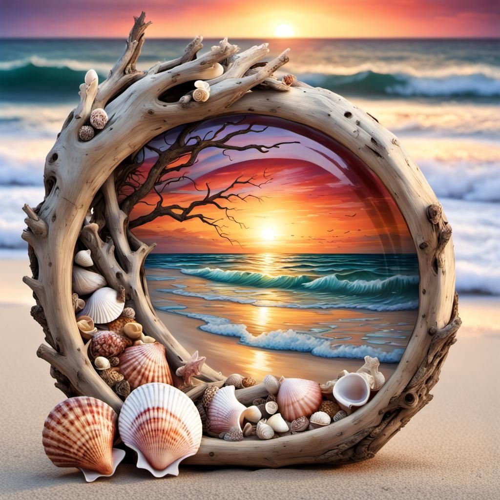 Vibrant Sunset Beach with Seashells, Photorealistic Art