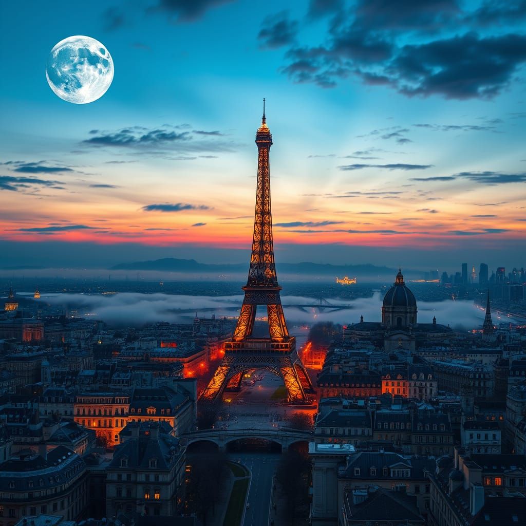 Paris at Dusk with Glowing Moons and Majestic Cityscape