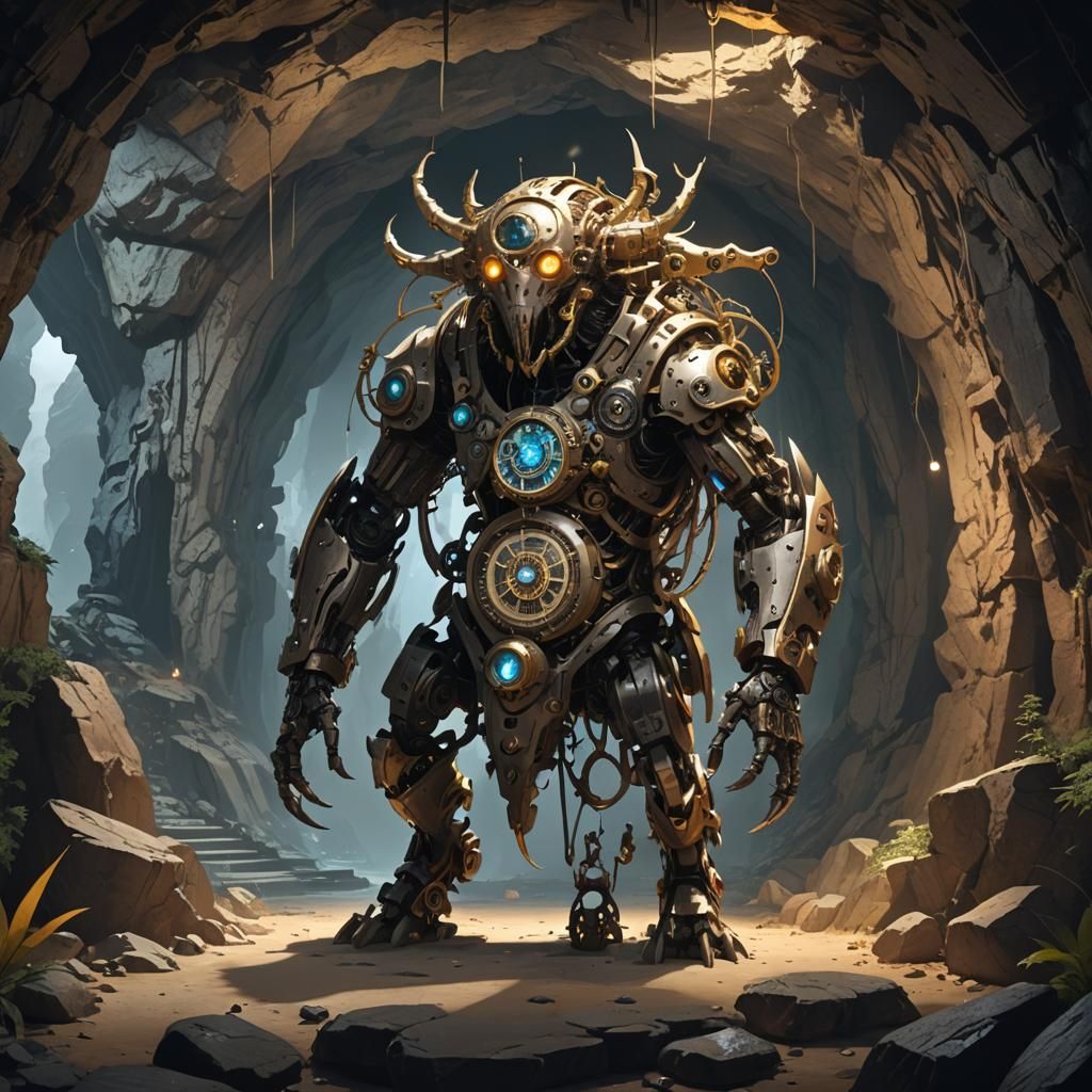 Clockwork Creature in Cave: Detailed 3D Anime Art