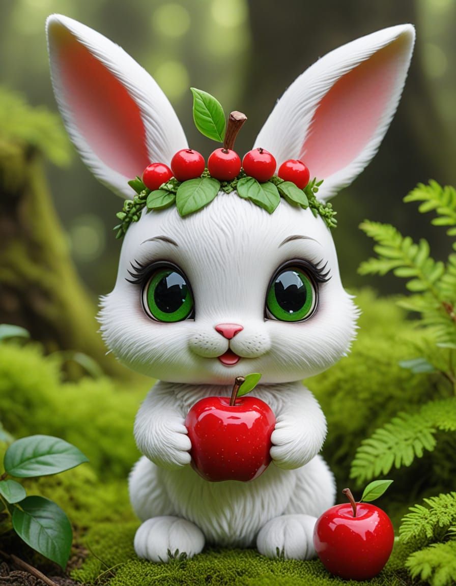 Chibi Bunny in Moss Garden with Red Glass Apple