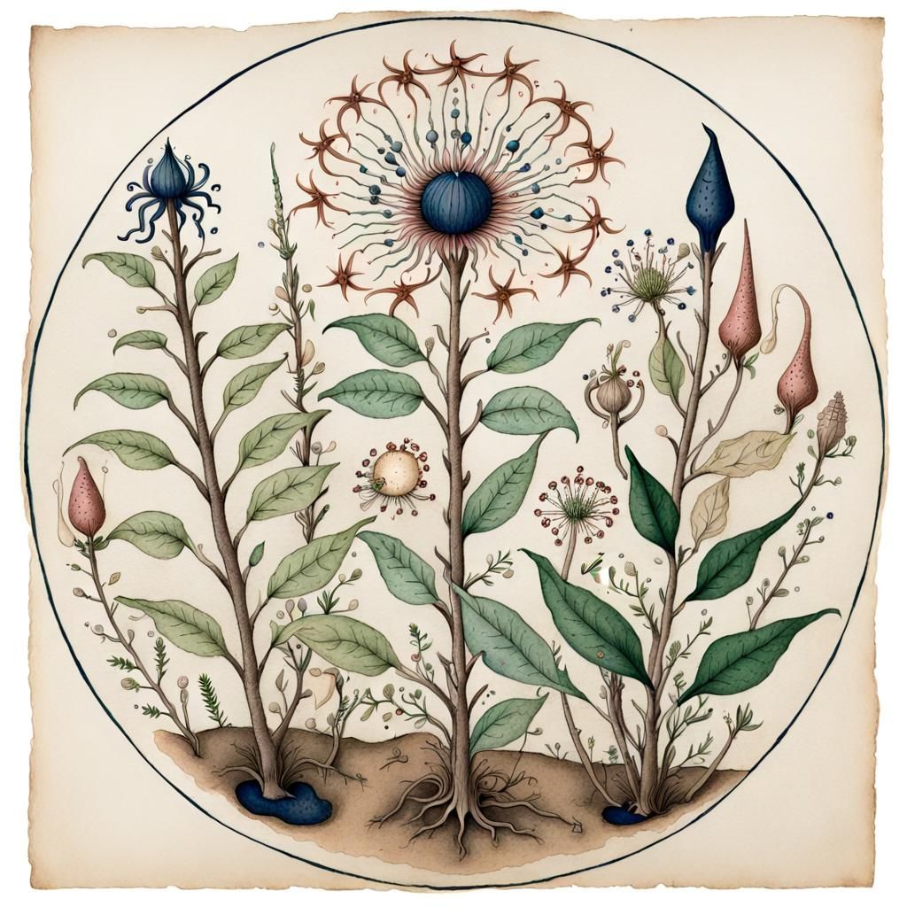 Voynich Manuscript Style Botanical Ink Drawing