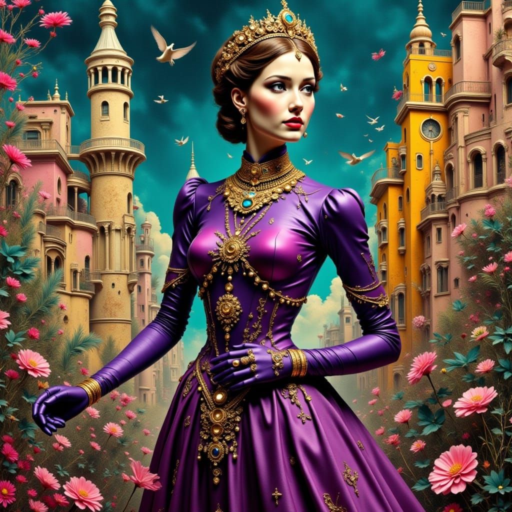 Renaissance Robot Woman in Futuristic Collage Oil Painting