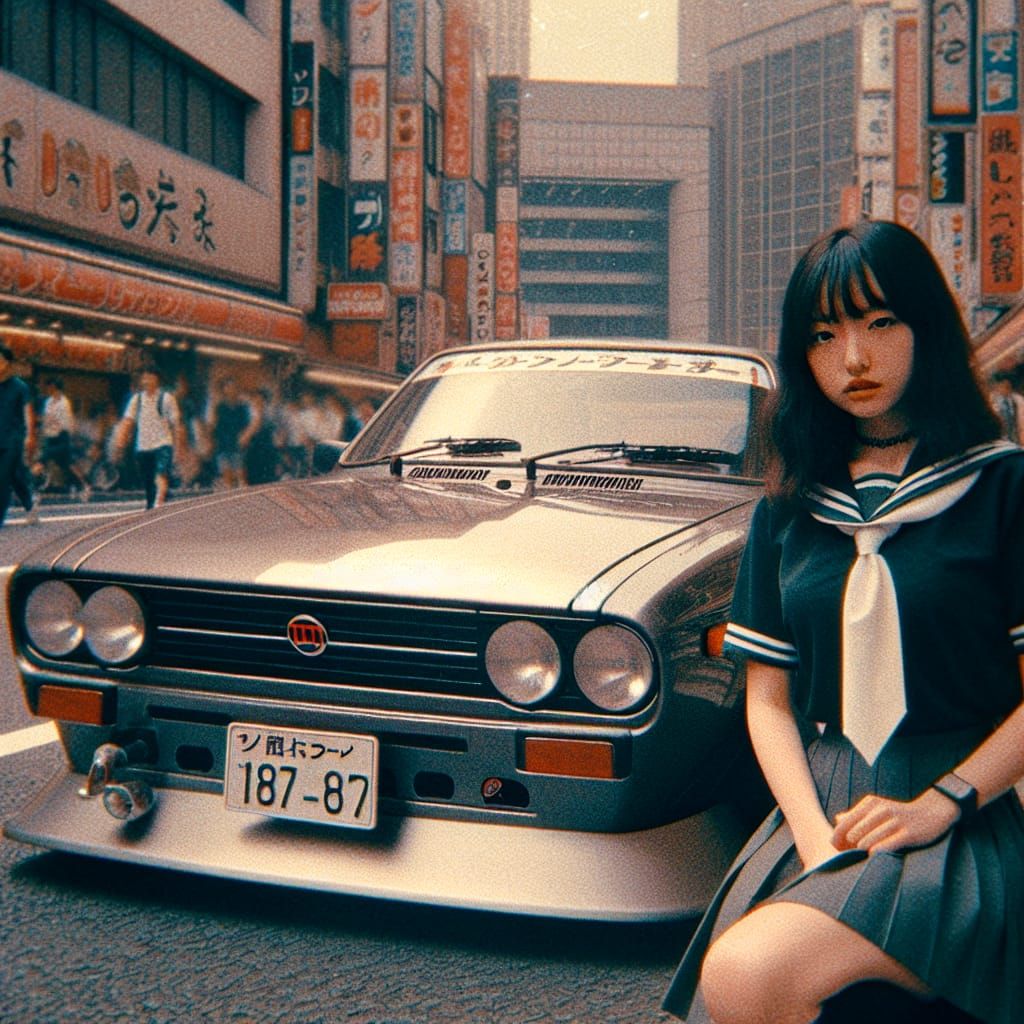 Tokyo Schoolgirl and Modified Car in 90s Lomo Style