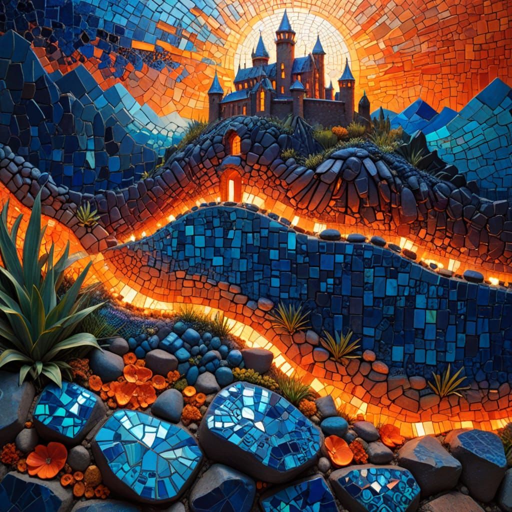 Vibrant Mosaic Castle with Lava Moat and Lush Garden