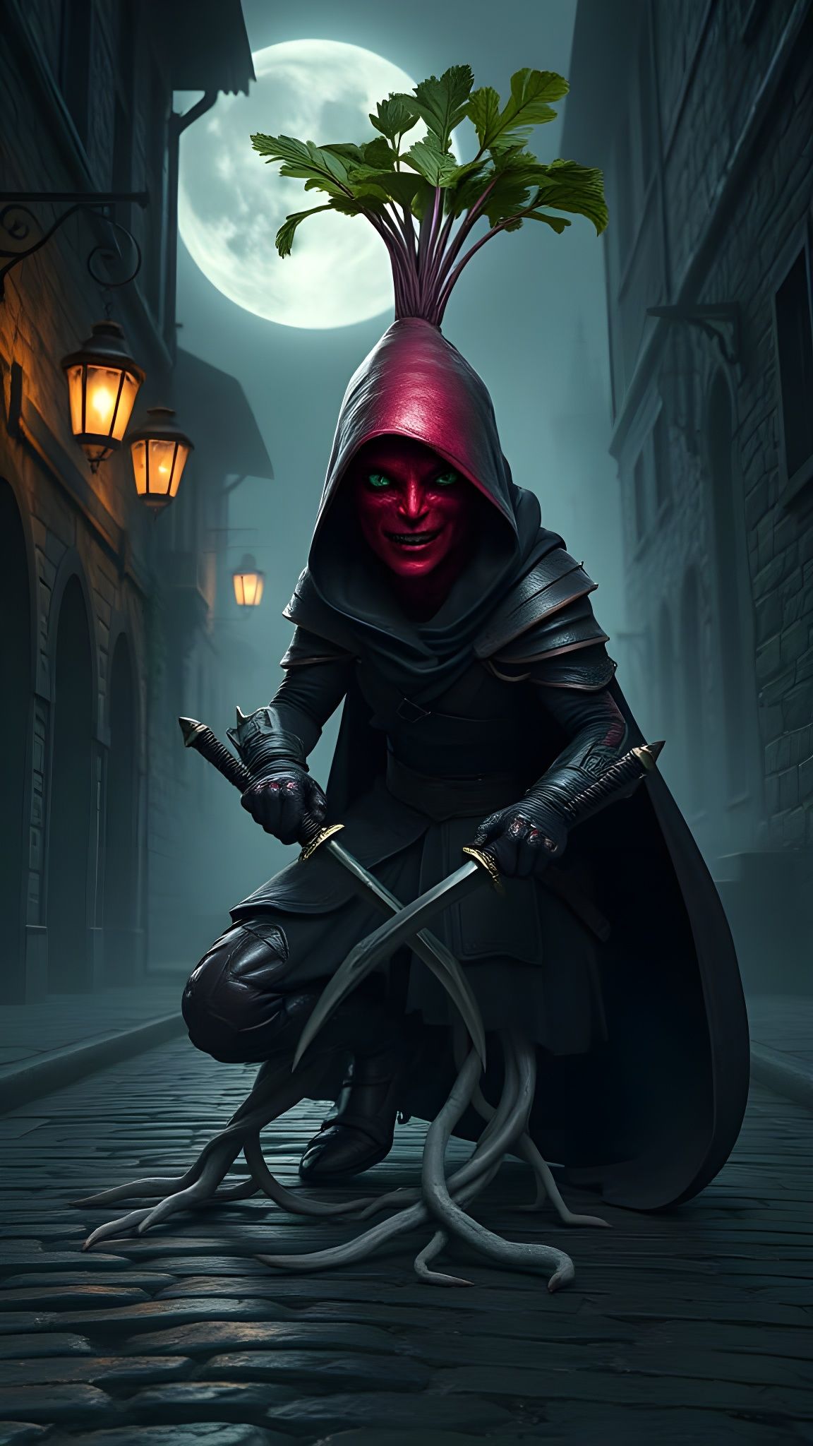 Sleek Radish Rogue Emerges from Moonlit Shadows in Hyper-Rea...