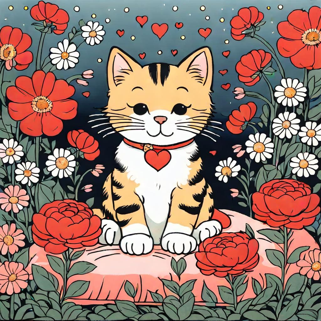 Cute Cat Relaxing Among Flowers and Lights