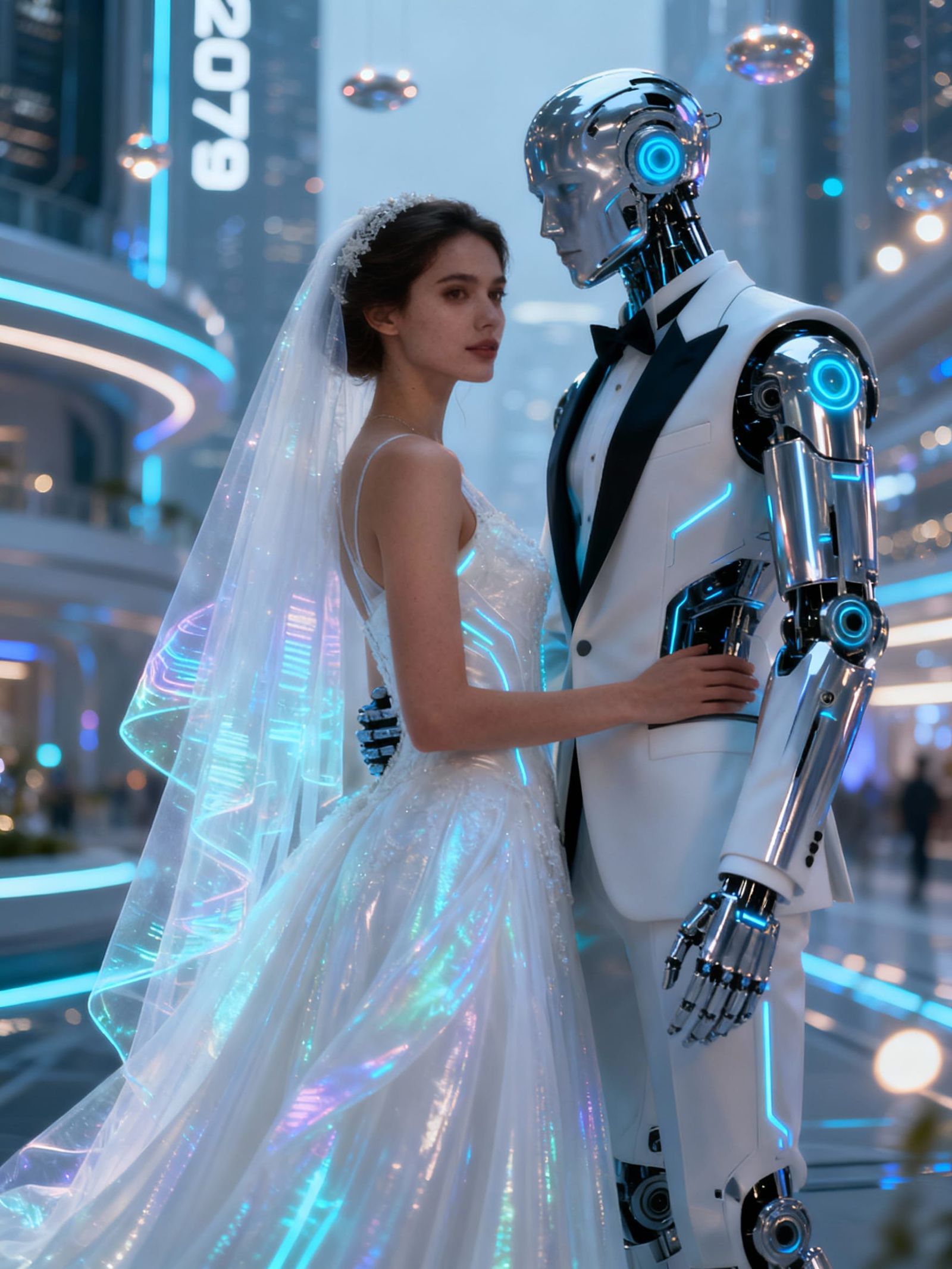 Futuristic 2079 Wedding: Human Bride, Cyborg Groom