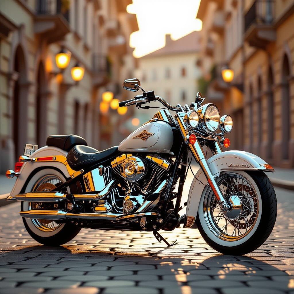 White and Gold Motorcycle on Cobblestone Street at Sunset