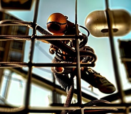 Cyborg Connects Wires to Hamster Cage in Brutalist Setting