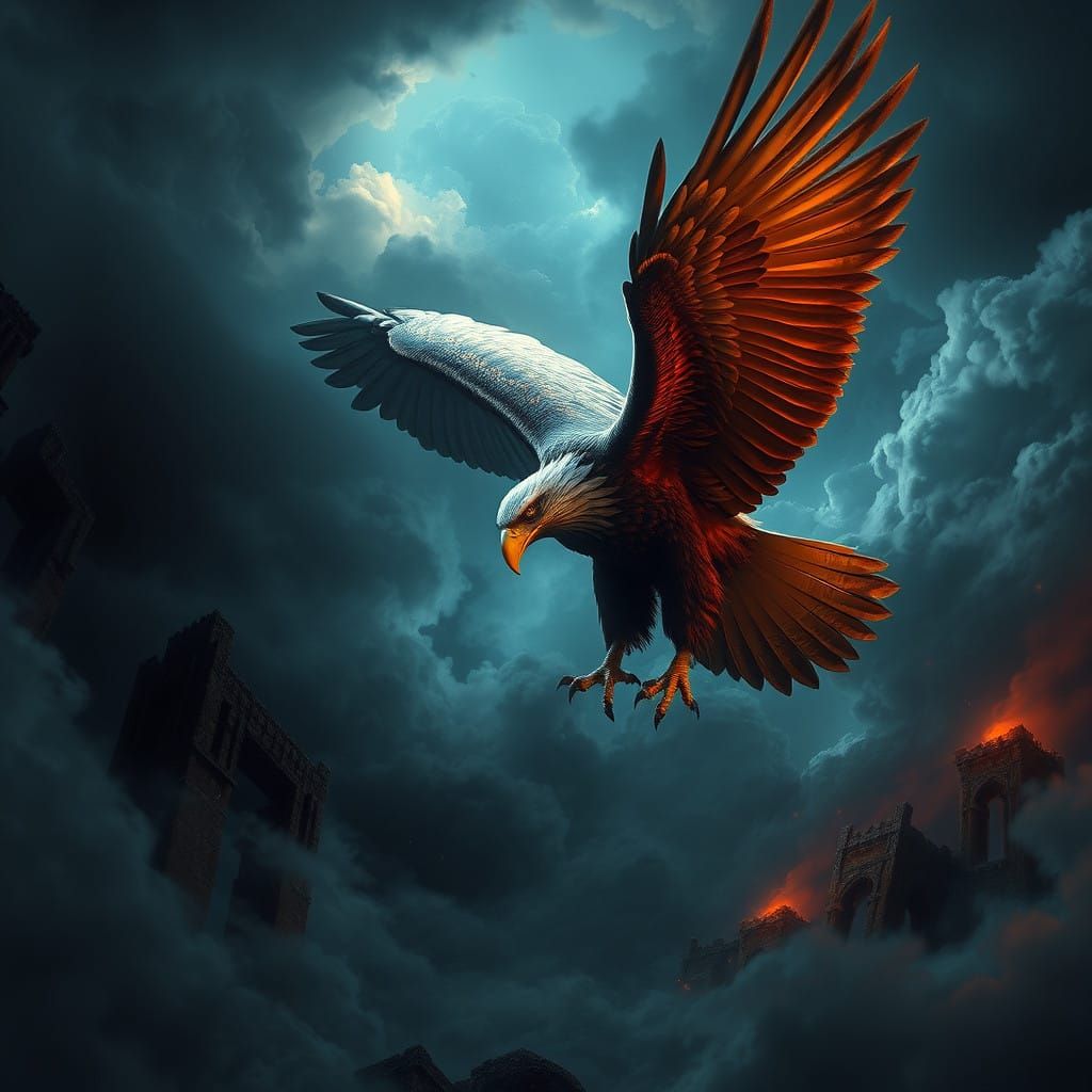 Majestic Eagle Amidst Mystical, Ancient Ruins
