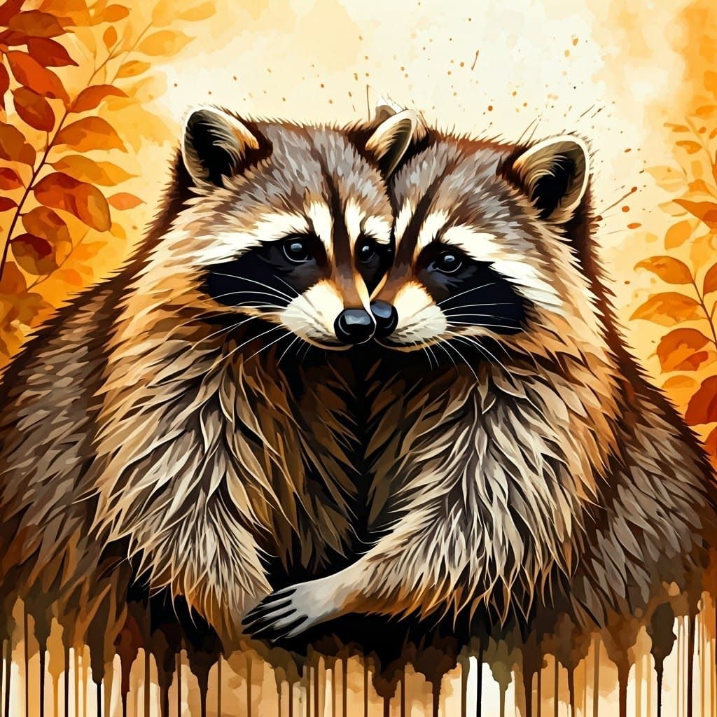 Raccoons Embrace: Ink Splatter Art in Autumn Forest