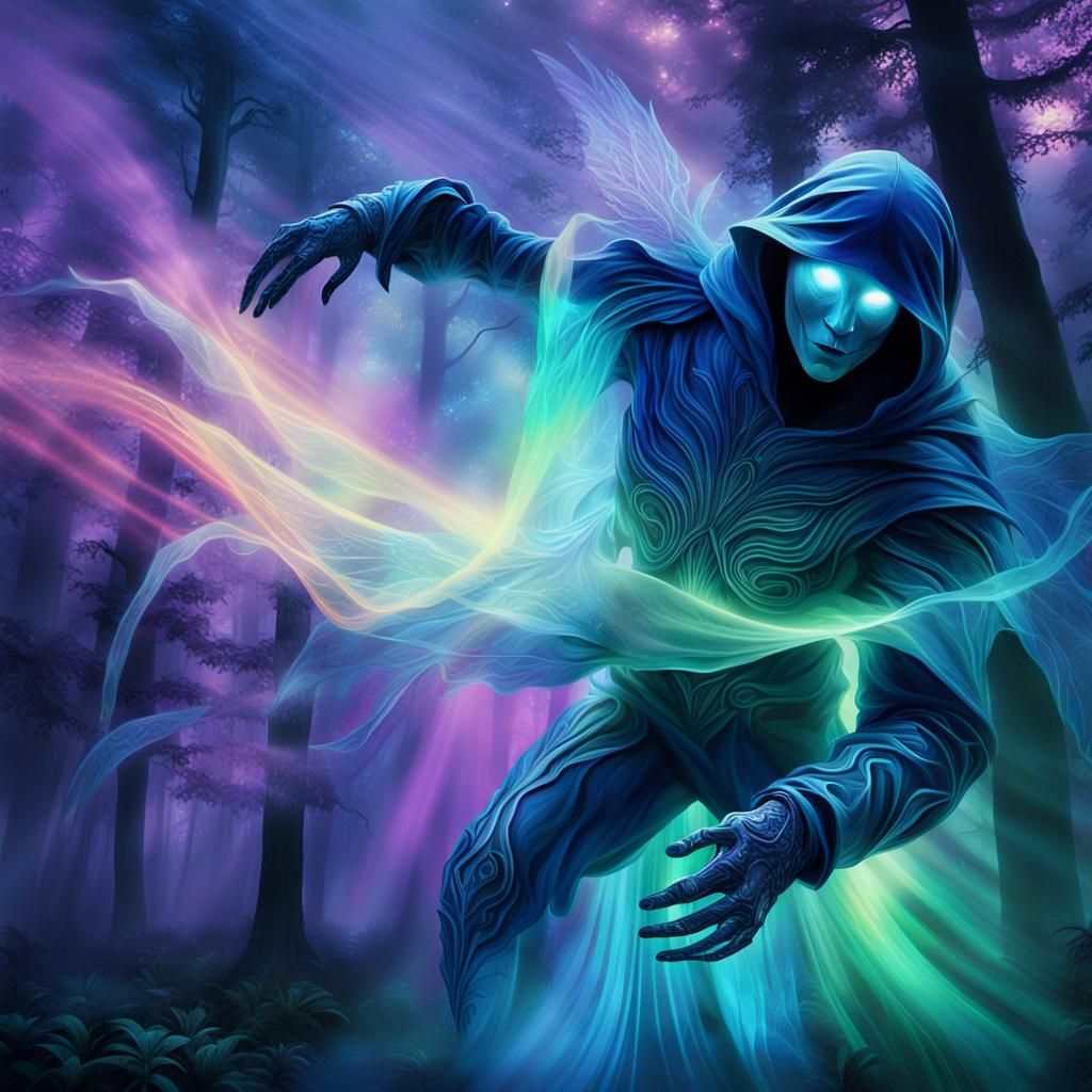 Ethereal Phantom in Glowing Forest: Surreal Digital Art
