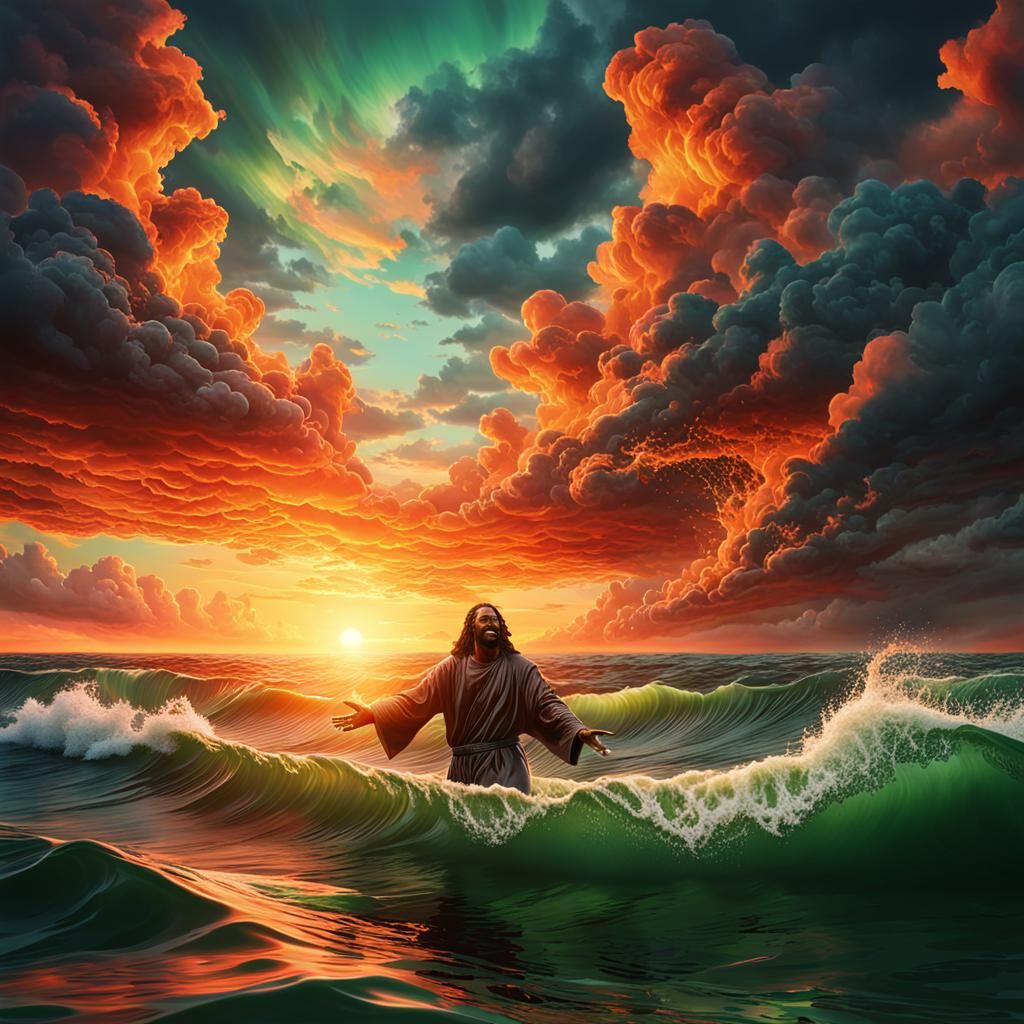 Black Jesus Walks on Water at Sunset