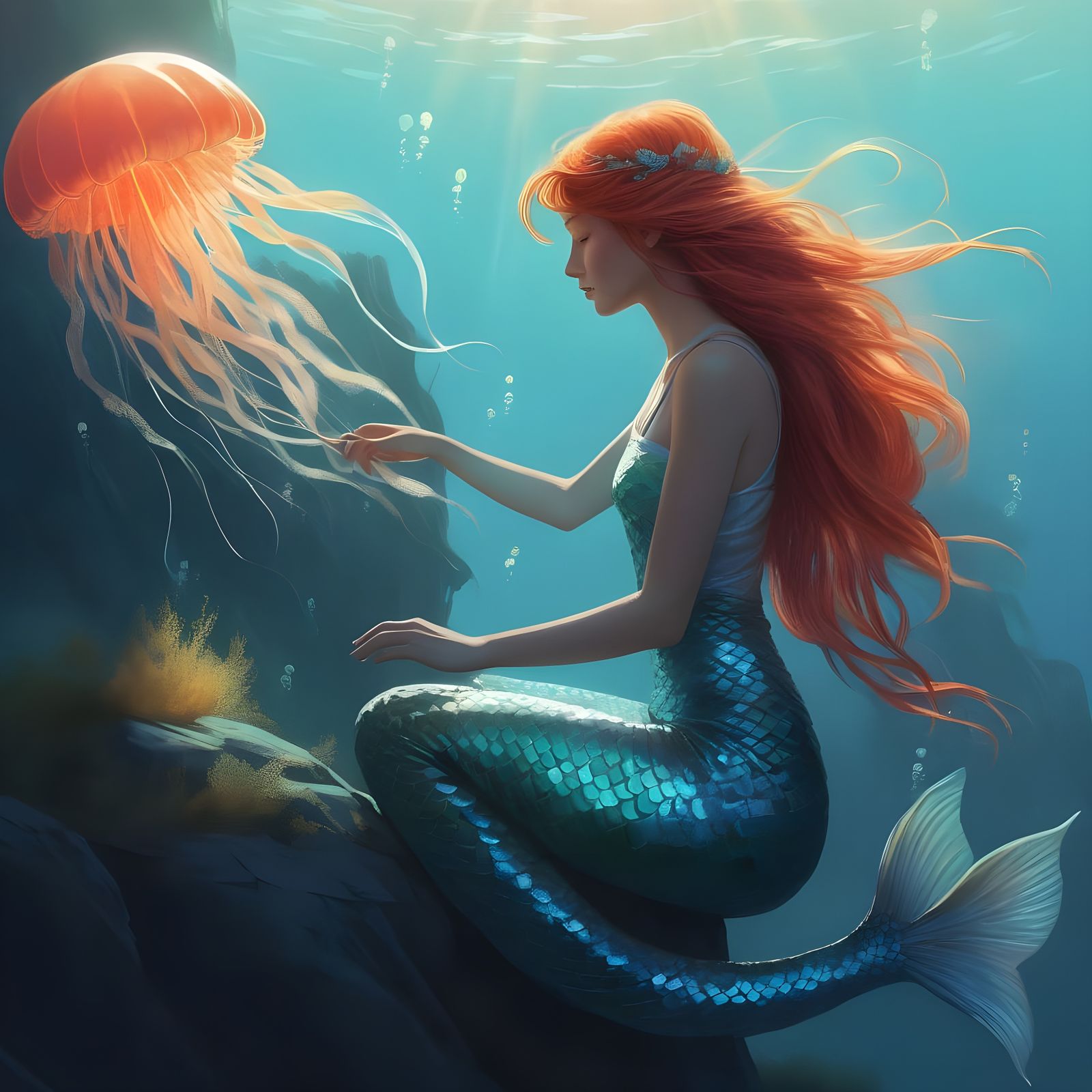 Mermaid with Enchanted Red Hair Underwater with Jellyfish