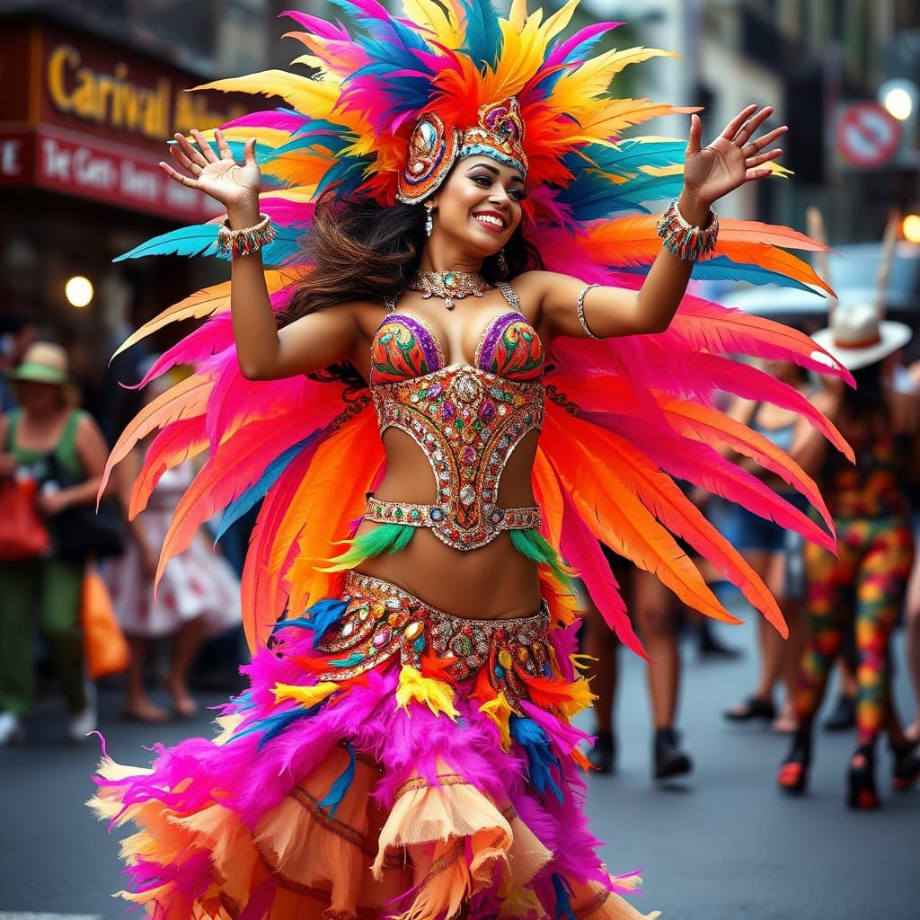 Vibrant Carnival Dancer in Colorful Costumed Movement
