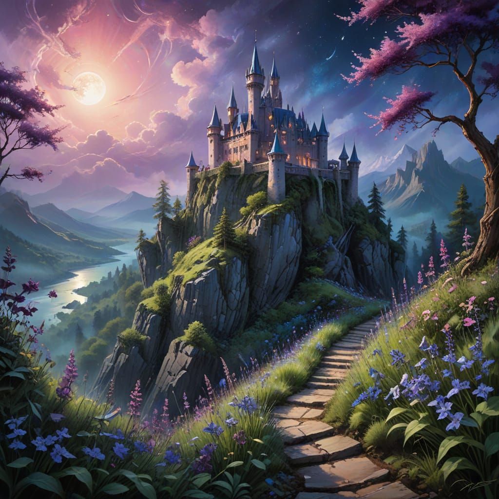 Enchanted Fortress on Hill in Chiaroscuro Style