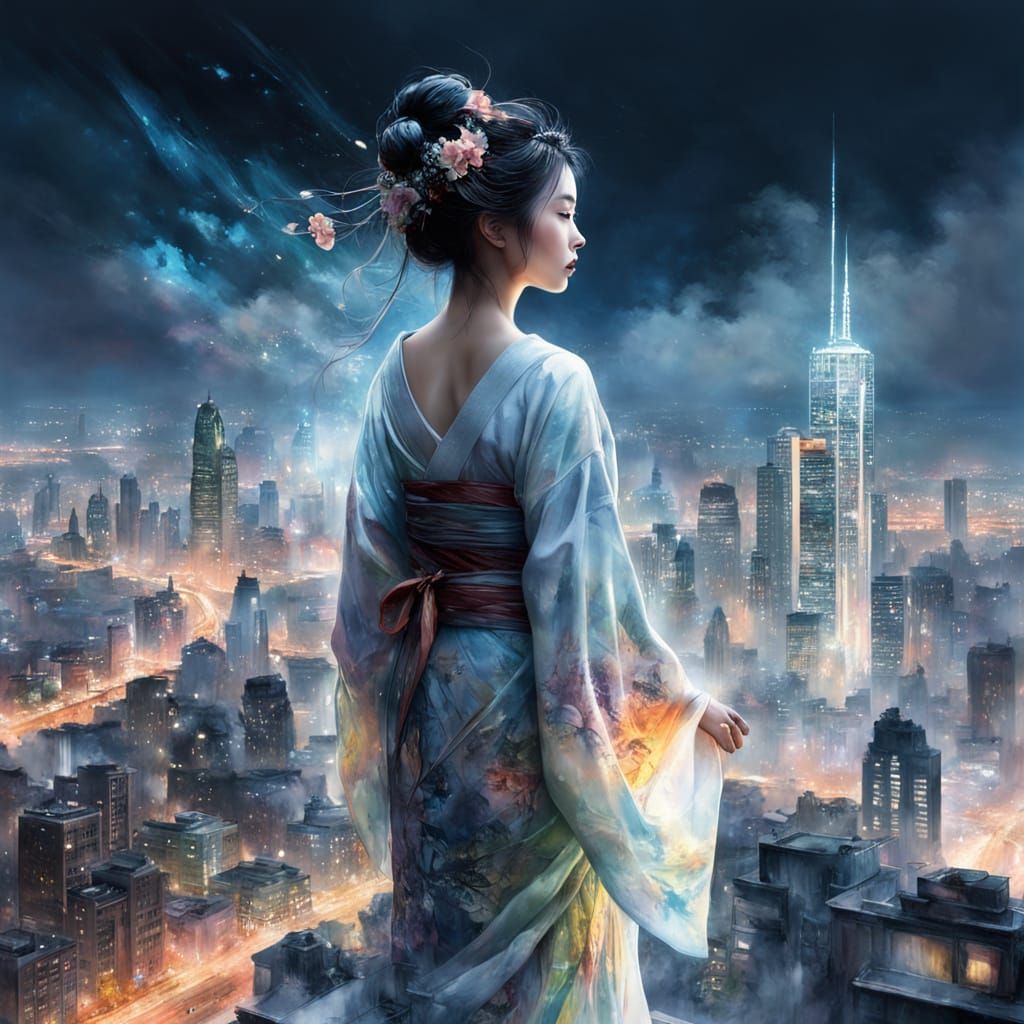 Geisha Overlooking City in Watercolor Style