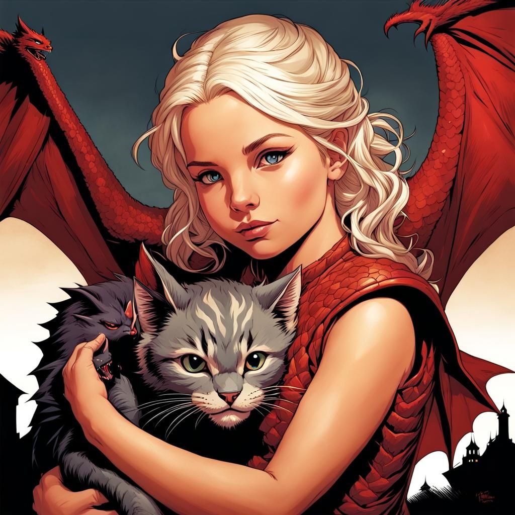 Targaryen Baby Girl with Dragon-Cat, Comic Art
