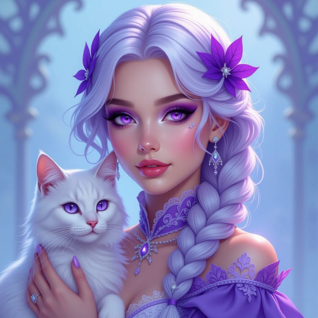 Woman with Purple Braids and Cat in Art Nouveau Style