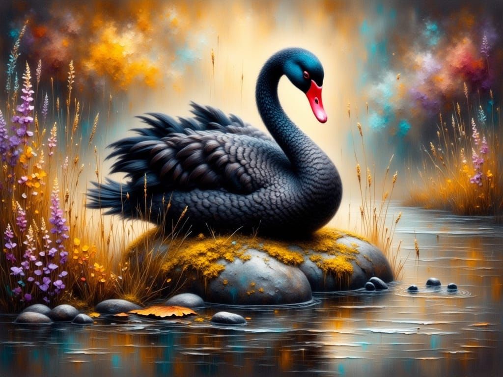 Grunge Masterpiece of a Black Swan in Autumn