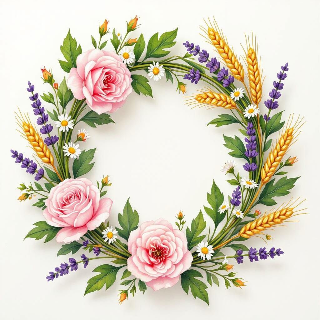 Rose and Lavender Wreath in Watercolor Style