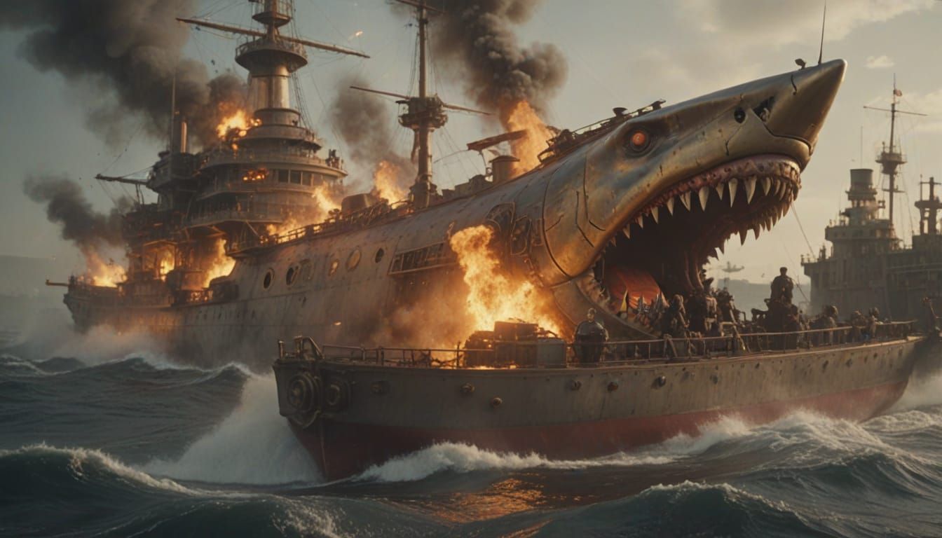 Steampunk Shark Battleship Kamikaze Attack in Fiery Seas
