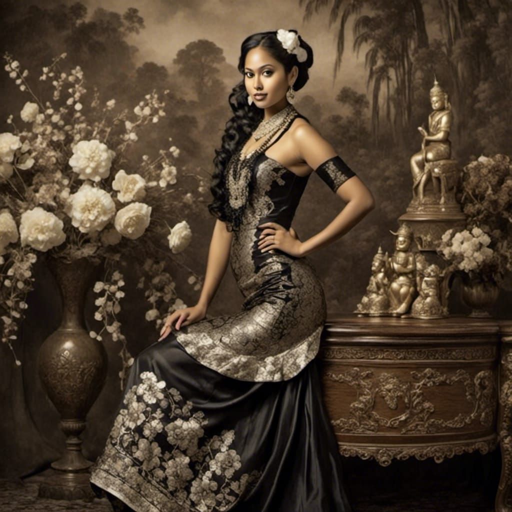 Fashionable Woman in Thai Costume with Sepia Monument