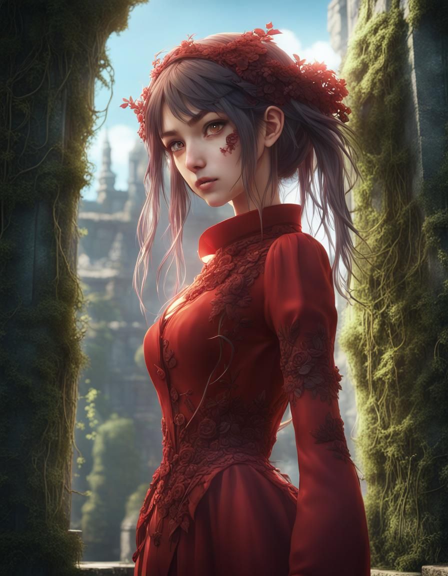 Portrait of a girl in a red dress.