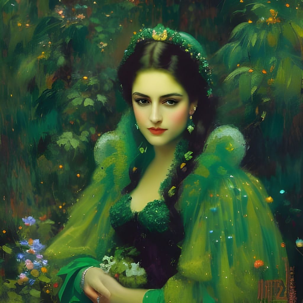 Princess in Green: Pointillism Pop Art Fusion