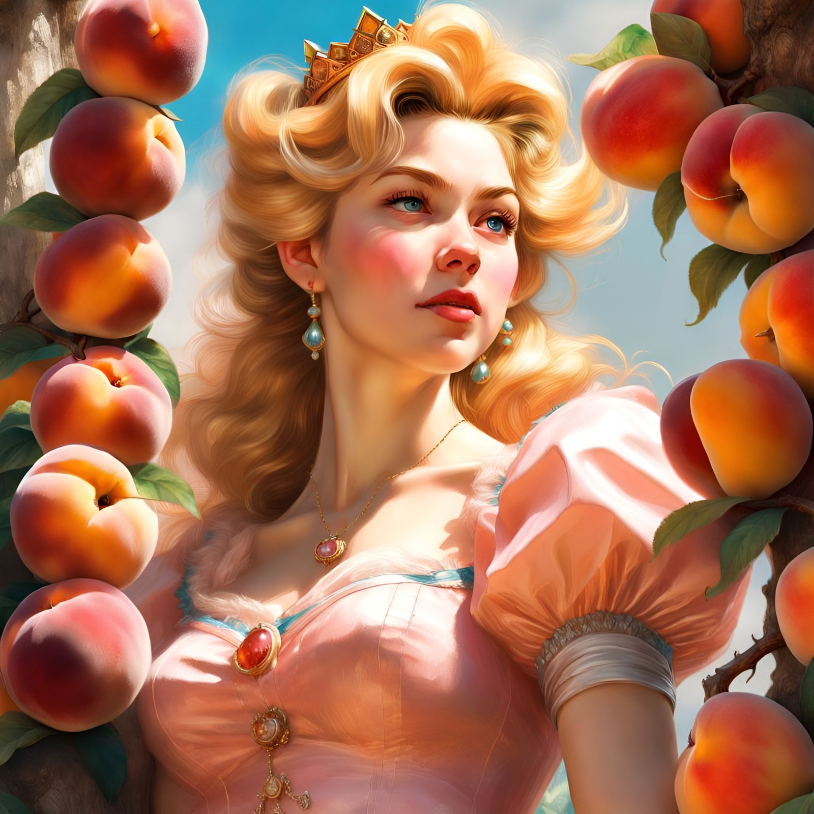 Princess Peach Portrait with Peaches, Digital Illustration