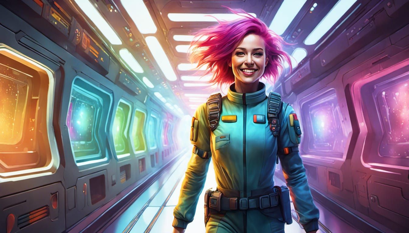 Commander with Rainbow Hair in Sci-Fi Matte Painting