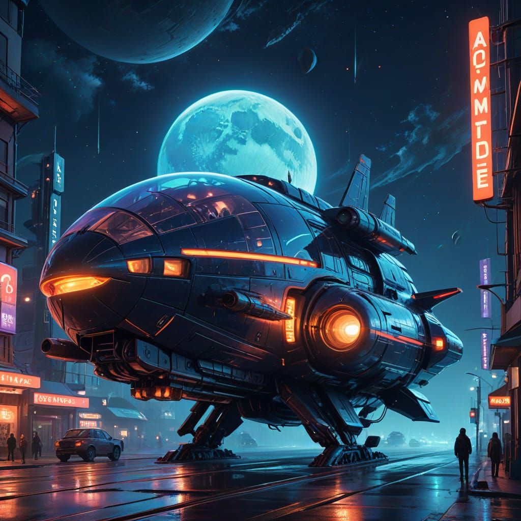 Futuristic Spacecraft with Neon Accents and Humans Inside