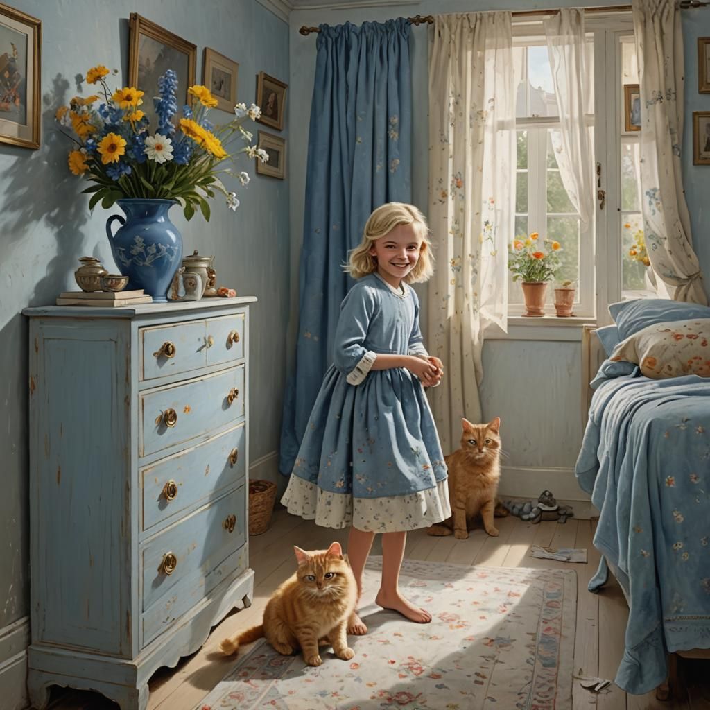 Girl Playing With Cat in Bedroom Painting
