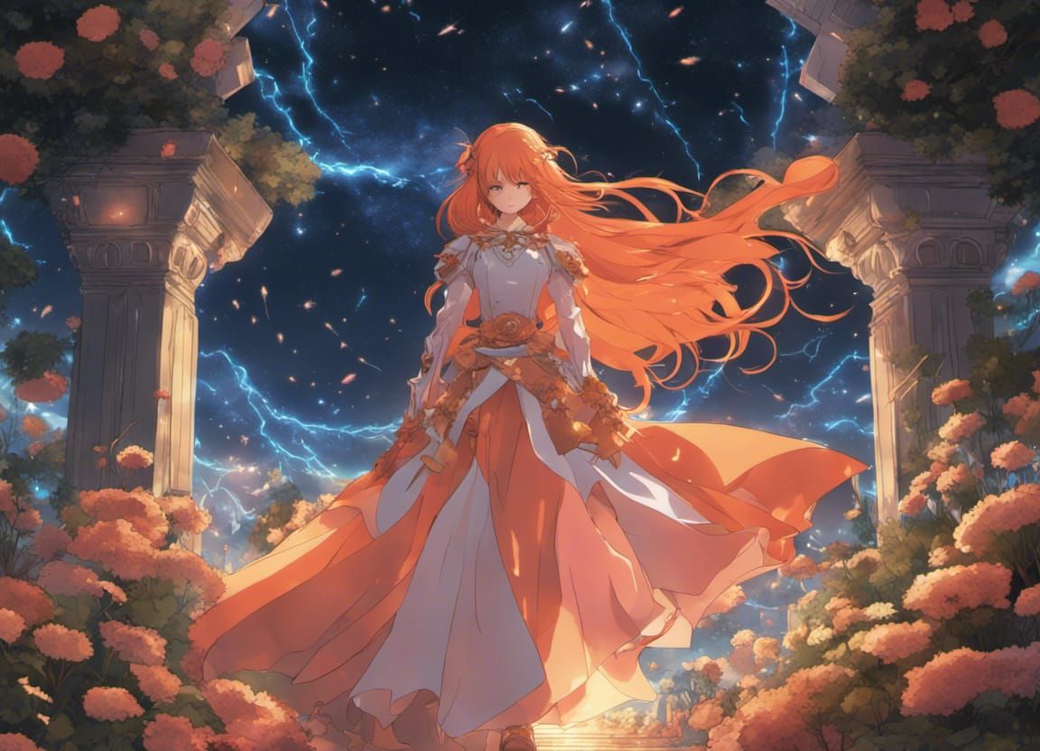 Anime Woman with Neon Hair in Fantasy Garden