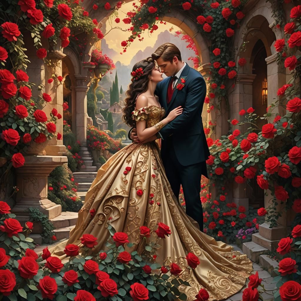 Romantic Couple Surrounded by Roses, Fantasy Art