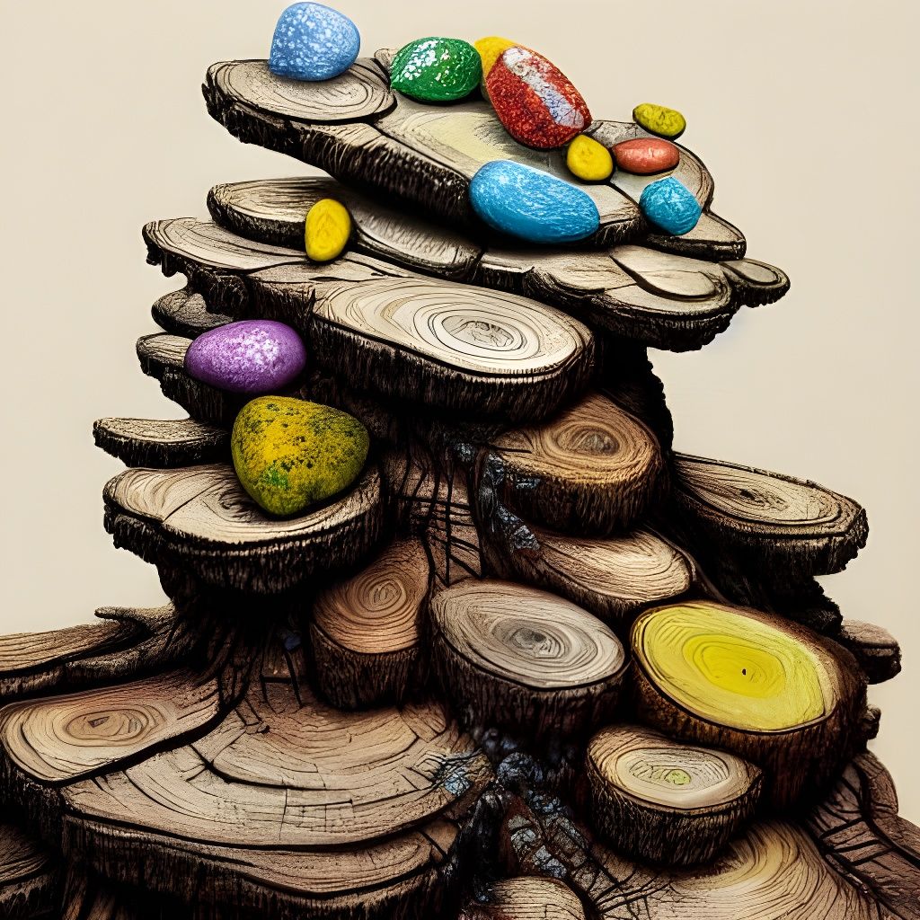 Pebbles on Stump: Vivid Mixed Media Illustration