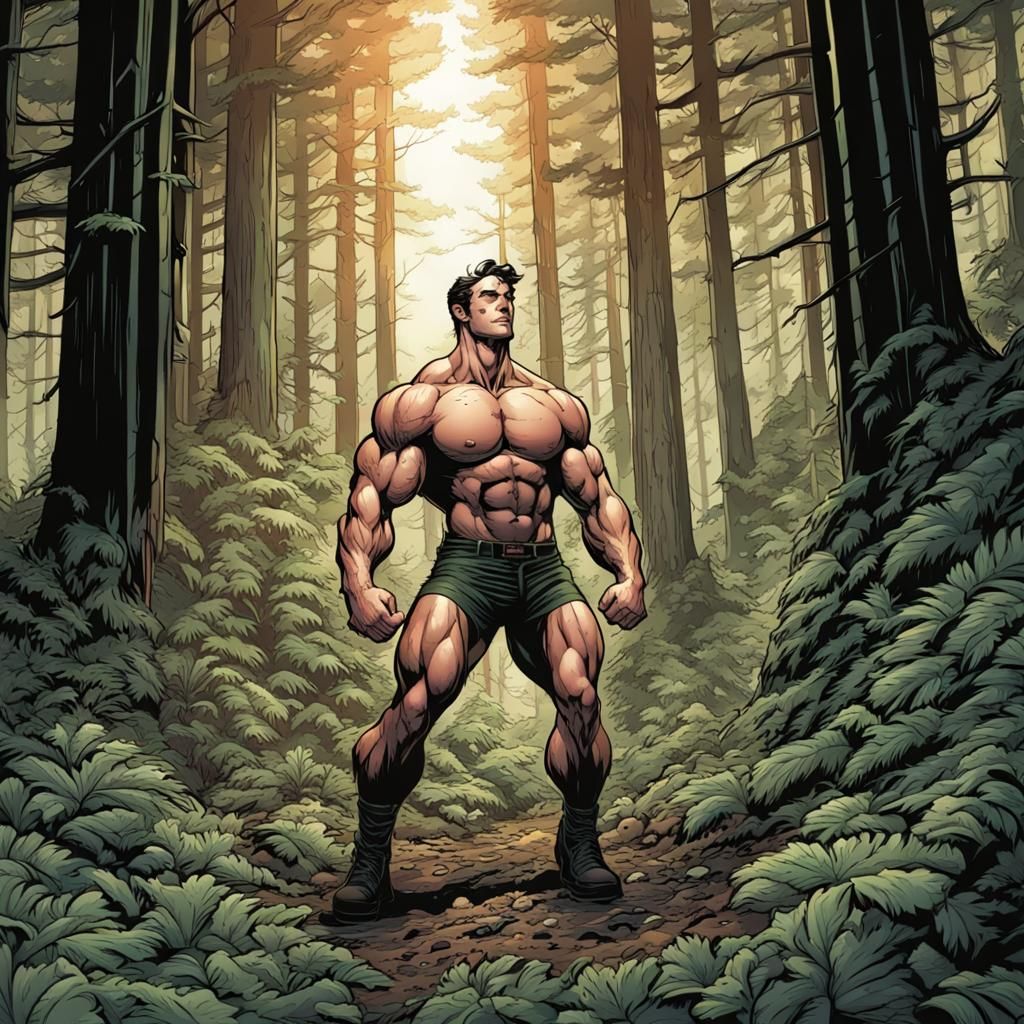 Muscle Men in Forest: Comic Book Art Style