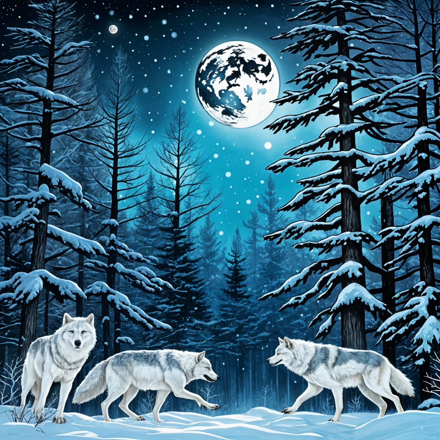 Wolves Chase Through Snowy Forest Under Full Moonlight